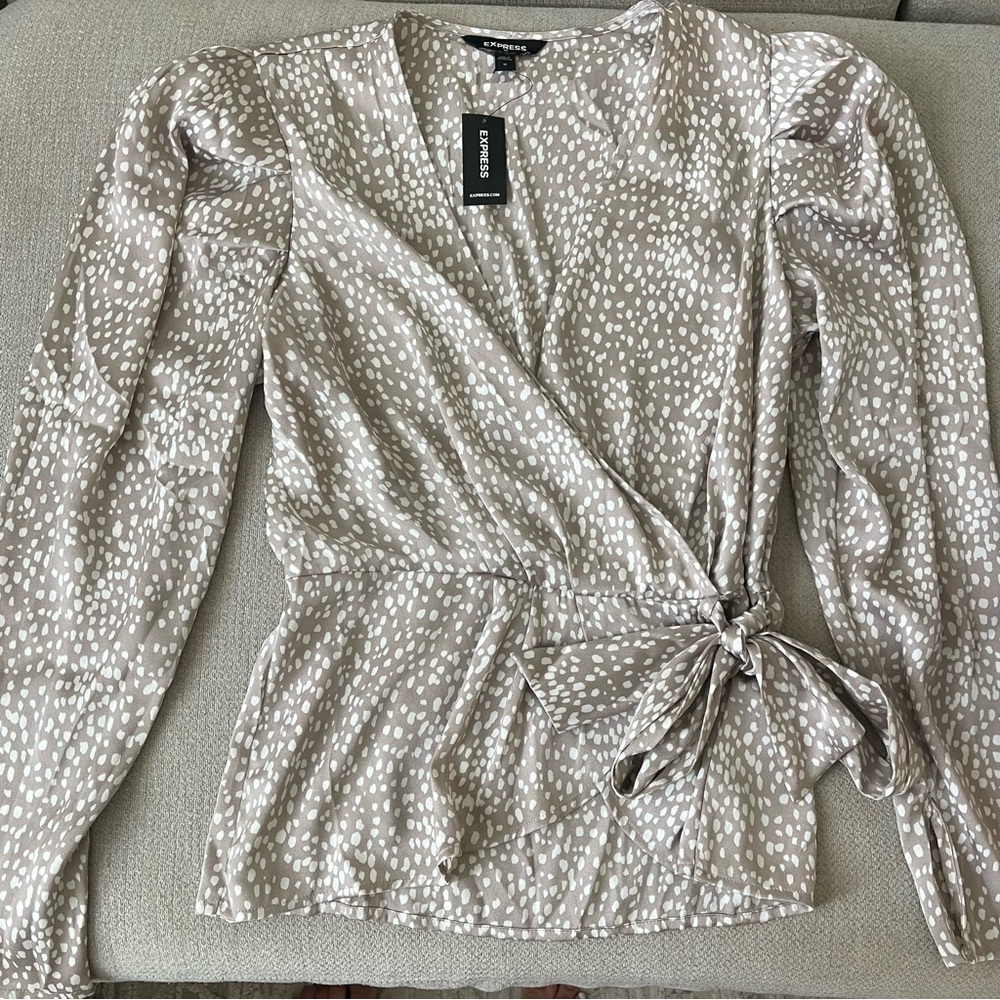 Express Women's Beige Patterned Wrap Blouse